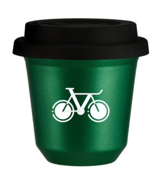 Tasse 150 ml VERT MÉTALLIQUE "Vélo 1 (blanc)", avec couvercle noir Tasse 150 ml VERT MÉTALLIQUE "Vélo 1 (blanc)", avec couvercle noir