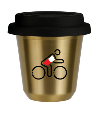 Tasse 80 ml OR "Cycliste aux couleurs polonaises", avec couvercle noir Tasse 80 ml OR "Cycliste aux couleurs polonaises", avec couvercle noir