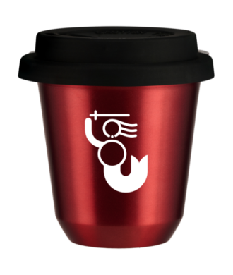Tasse 150 ml ROUGE MÉTALLIQUE "WARSZAWSKA SYRENKA (blanc)", avec couvercle noir Tasse 150 ml ROUGE MÉTALLIQUE "WARSZAWSKA SYRENKA (blanc)", avec couvercle noir