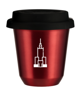 Tasse 150 ml ROUGE MÉTALLIQUE "Pałac kultury i nauki (blanc)", avec couvercle noir Tasse 150 ml ROUGE MÉTALLIQUE "Pałac kultury i nauki (blanc)", avec couvercle noir