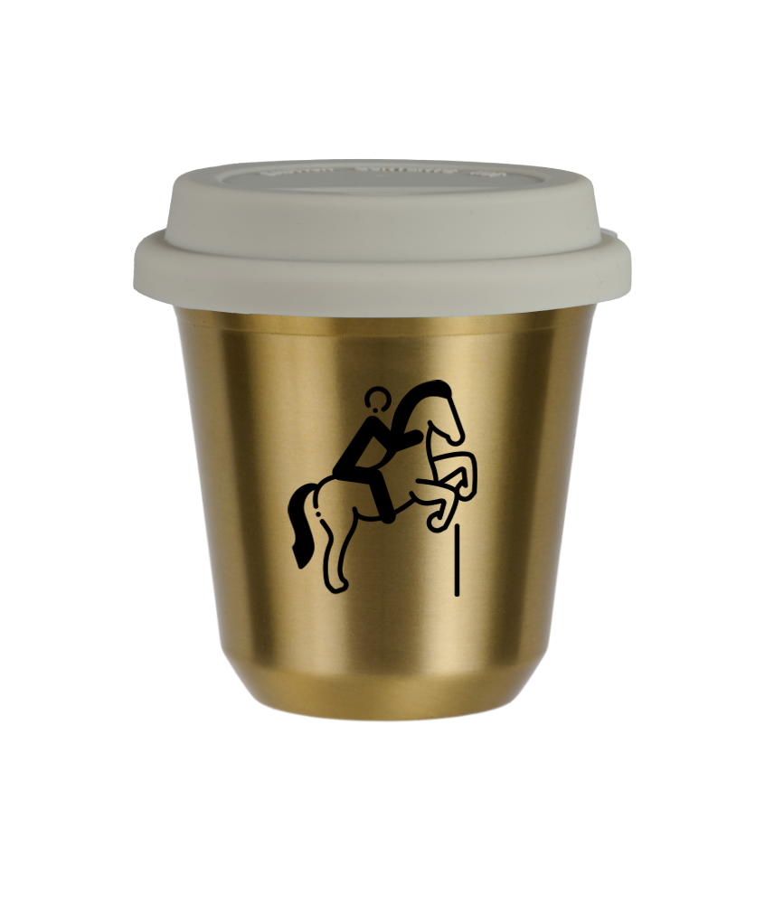 Tasse 80 ml OR "Équitation 1 (noir)", avec couvercle blanc