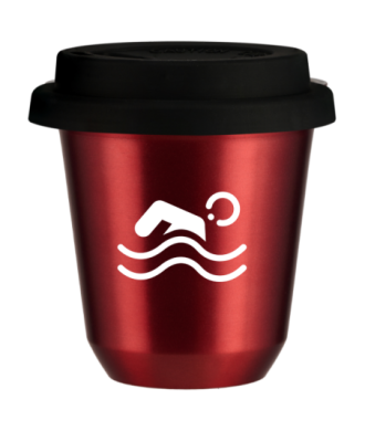 Tasse 150 ml ROUGE MÉTALLIQUE "Natation (blanc)", avec couvercle noir Tasse 150 ml ROUGE MÉTALLIQUE "Natation (blanc)", avec couvercle noir