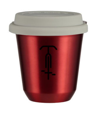 Tasse 150 ml ROUGE MÉTALLIQUE "Cyclisme 1", avec couvercle blanc Tasse 150 ml ROUGE MÉTALLIQUE "Cyclisme 1", avec couvercle blanc