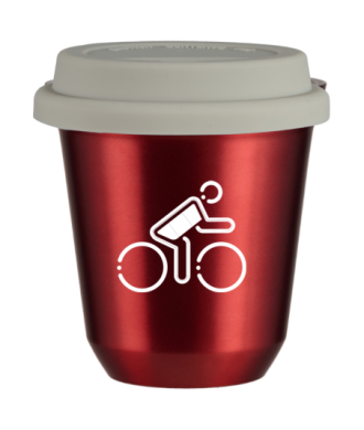 Tasse 150 ml ROUGE MÉTALLIQUE "Cycliste aux couleurs allemandes (blanc)", avec couvercle blanc Tasse 150 ml ROUGE MÉTALLIQUE "Cycliste aux couleurs allemandes (blanc)", avec couvercle blanc
