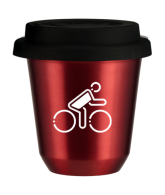 Tasse 150 ml ROUGE MÉTALLIQUE "Cycliste aux couleurs polonaises (blanc)", avec couvercle noir Tasse 150 ml ROUGE MÉTALLIQUE "Cycliste aux couleurs polonaises (blanc)", avec couvercle noir