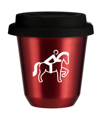 Tasse 150 ml ROUGE MÉTALLIQUE "Équitation 2 (blanc)", avec couvercle noir Tasse 150 ml ROUGE MÉTALLIQUE "Équitation 2 (blanc)", avec couvercle noir