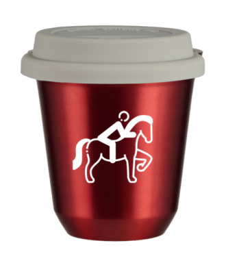 Tasse 150 ml ROUGE MÉTALLIQUE "Équitation 2 (blanc)", avec couvercle blanc Tasse 150 ml ROUGE MÉTALLIQUE "Équitation 2 (blanc)", avec couvercle blanc