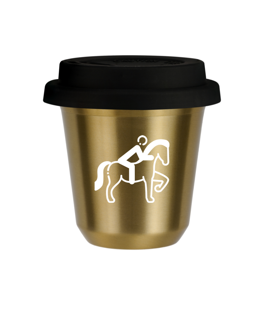 Tasse 80 ml OR "Équitation 2 (blanc)", avec couvercle noir