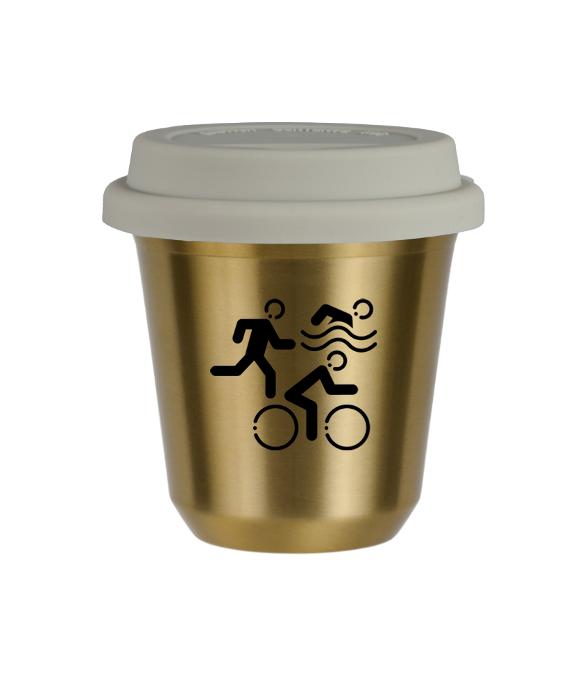 Tasse 80 ml OR "Sports", avec couvercle blanc