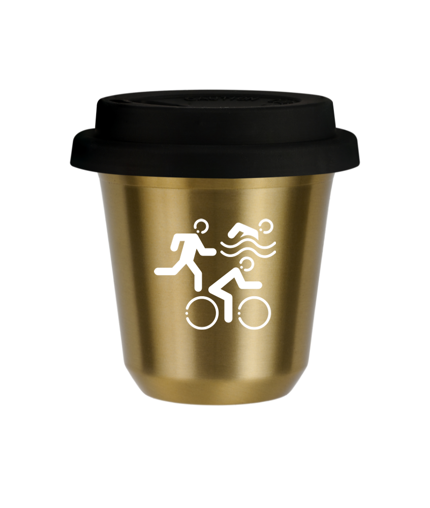 Tasse 80 ml OR "Sports (blanc)", avec couvercle noir