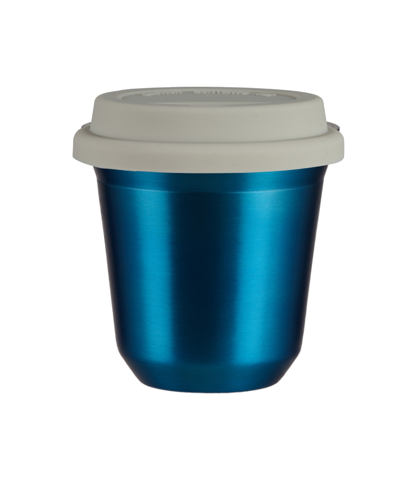 Tasse 150 ml BLEU MÉTALLIQUE, avec couvercle blanc