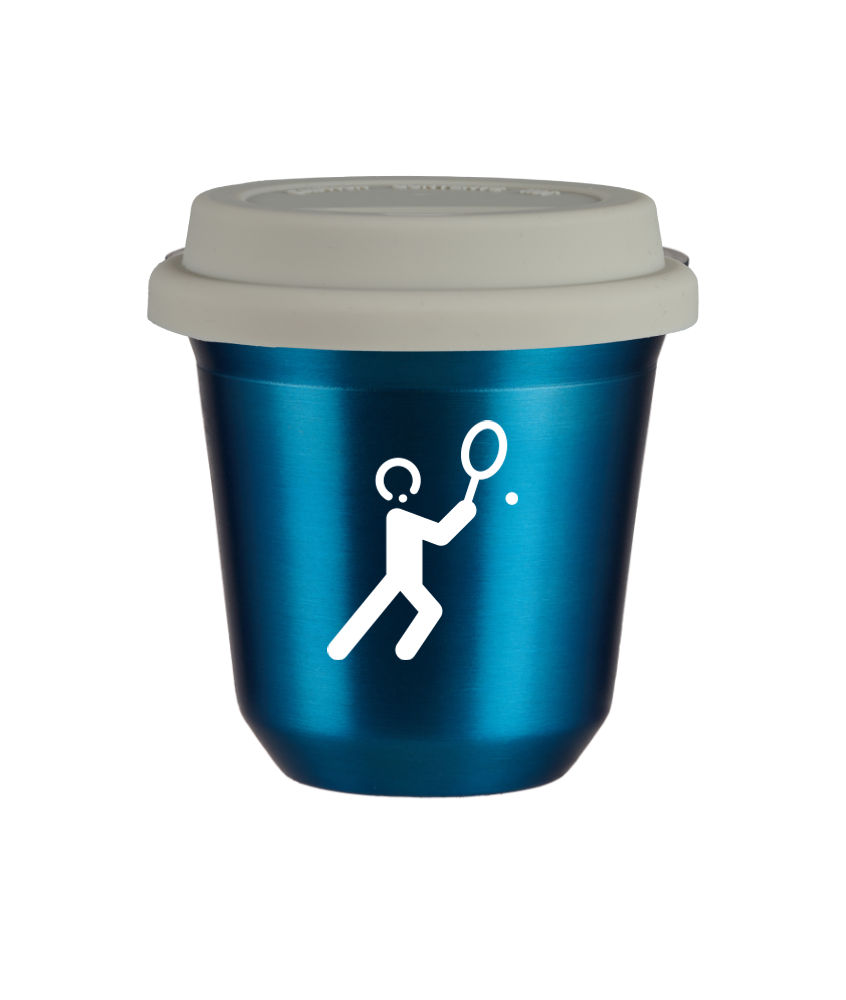 Tasse 150 ml BLEU MÉTALLIQUE "Tennis 1 (blanc)", avec couvercle blanc Tasse 150 ml BLEU MÉTALLIQUE "Tennis 1 (blanc)", avec couvercle blanc