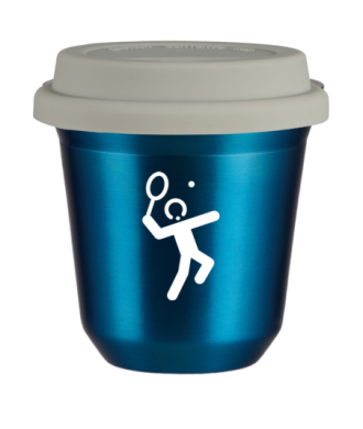 Tasse 150 ml BLEU MÉTALLIQUE "Tennis 2 (blanc)", avec couvercle blanc Tasse 150 ml BLEU MÉTALLIQUE "Tennis 2 (blanc)", avec couvercle blanc