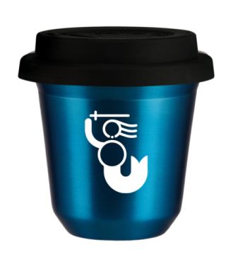 Tasse 150 ml BLEU MÉTALLIQUE "WARSZAWSKA SYRENKA (blanc)", avec couvercle noir Tasse 150 ml BLEU MÉTALLIQUE "WARSZAWSKA SYRENKA (blanc)", avec couvercle noir