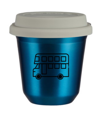 Tasse 150 ml BLEU MÉTALLIQUE "Bus (noir)", avec couvercle blanc Tasse 150 ml BLEU MÉTALLIQUE "Bus (noir)", avec couvercle blanc