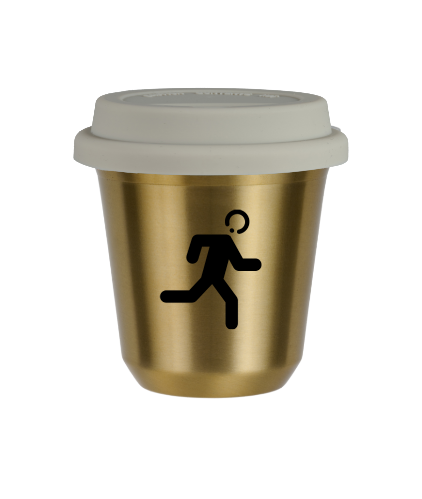 Tasse 80 ml OR "Coureur (noir)", avec couvercle blanc
