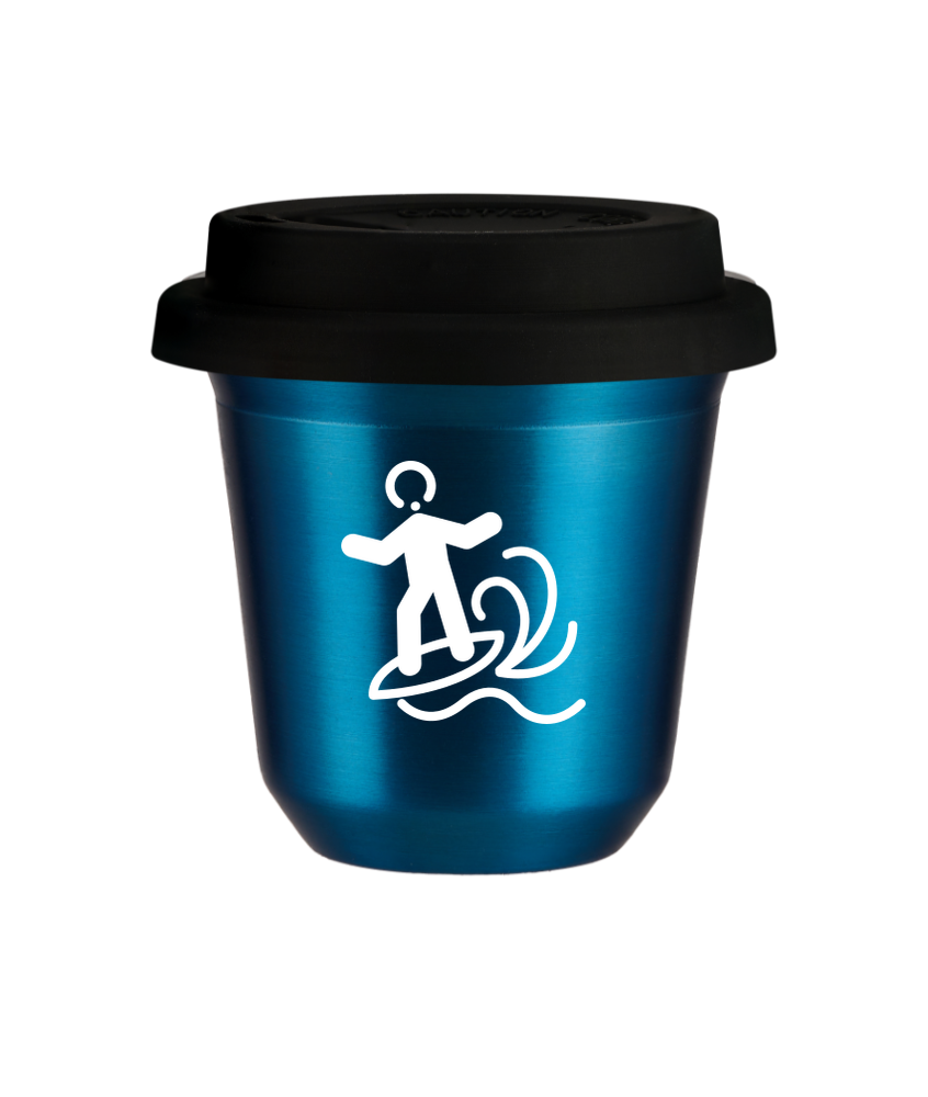 Tasse 150 ml BLEU MÉTALLIQUE "Planche à voile (blanc)", avec couvercle noir Tasse 150 ml BLEU MÉTALLIQUE "Planche à voile (blanc)", avec couvercle noir