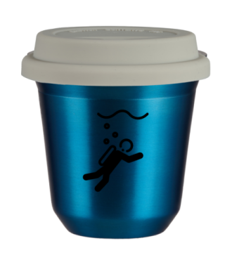 Tasse 150 ml BLEU MÉTALLIQUE "Plongée", avec couvercle blanc Tasse 150 ml BLEU MÉTALLIQUE "Plongée", avec couvercle blanc