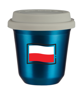 Tasse 150 ml BLEU MÉTALLIQUE "Drapeau polonais", avec couvercle blanc Tasse 150 ml BLEU MÉTALLIQUE "Drapeau polonais", avec couvercle blanc