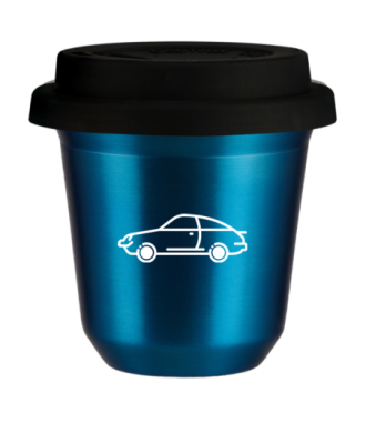 Tasse 150 ml BLEU MÉTALLIQUE "Voiture (blanc)", avec couvercle noir Tasse 150 ml BLEU MÉTALLIQUE "Voiture (blanc)", avec couvercle noir