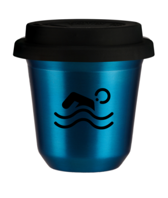 Tasse 150 ml BLEU MÉTALLIQUE "Natation (noir)", avec couvercle noir Tasse 150 ml BLEU MÉTALLIQUE "Natation (noir)", avec couvercle noir