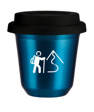 Tasse 150 ml BLEU MÉTALLIQUE "Escalade 2 (blanc)", avec couvercle noir Tasse 150 ml BLEU MÉTALLIQUE "Escalade 2 (blanc)", avec couvercle noir