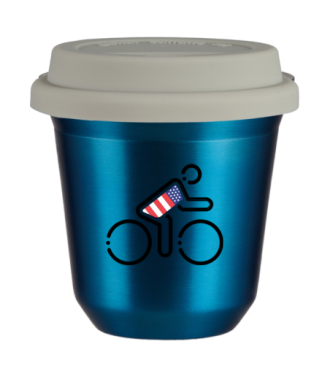 Tasse 150 ml BLEU MÉTALLIQUE "Cycliste aux couleurs britanniques", avec couvercle blanc Tasse 150 ml BLEU MÉTALLIQUE "Cycliste aux couleurs britanniques", avec couvercle blanc