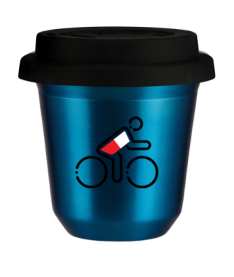 Tasse 150 ml BLEU MÉTALLIQUE "Cycliste aux couleurs polonaises (noir)", avec couvercle noir Tasse 150 ml BLEU MÉTALLIQUE "Cycliste aux couleurs polonaises (noir)", avec couvercle noir