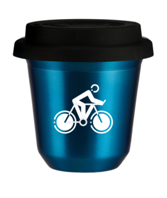 Tasse 150 ml BLEU MÉTALLIQUE "Cyclisme 2 (blanc)", avec couvercle noir Tasse 150 ml BLEU MÉTALLIQUE "Cyclisme 2 (blanc)", avec couvercle noir