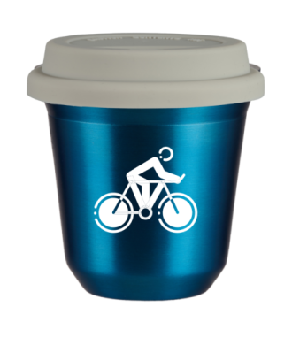 Tasse 150 ml BLEU MÉTALLIQUE "Cyclisme 2 (blanc)", avec couvercle blanc Tasse 150 ml BLEU MÉTALLIQUE "Cyclisme 2 (blanc)", avec couvercle blanc