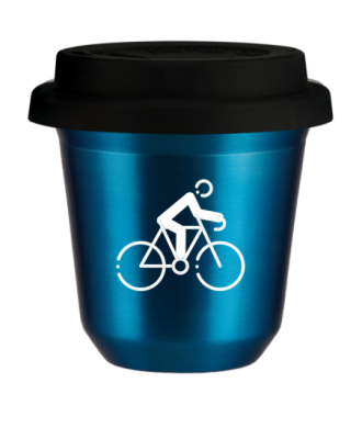 Tasse 150 ml BLEU MÉTALLIQUE "Cyclisme 3 (blanc)", avec couvercle noir Tasse 150 ml BLEU MÉTALLIQUE "Cyclisme 3 (blanc)", avec couvercle noir