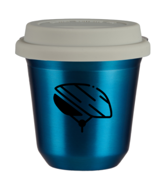 Tasse 150 ml BLEU MÉTALLIQUE "Casque", avec couvercle blanc Tasse 150 ml BLEU MÉTALLIQUE "Casque", avec couvercle blanc