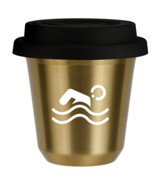Tasse 150 ml OR "Natation (blanc)", avec couvercle noir Tasse 150 ml OR "Natation (blanc)", avec couvercle noir