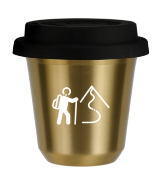 Tasse 150 ml OR "Escalade 2 (blanc)", avec couvercle noir Tasse 150 ml OR "Escalade 2 (blanc)", avec couvercle noir