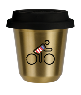 Tasse 150 ml OR "Cycliste aux couleurs britanniques", avec couvercle noir Tasse 150 ml OR "Cycliste aux couleurs britanniques", avec couvercle noir