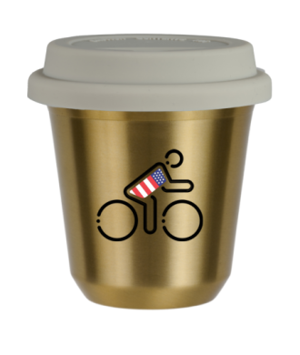 Tasse 150 ml OR "Cycliste aux couleurs britanniques", avec couvercle blanc Tasse 150 ml OR "Cycliste aux couleurs britanniques", avec couvercle blanc