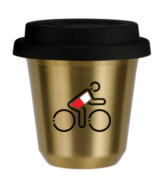 Tasse 150 ml OR "Cycliste aux couleurs polonaises (noir)", avec couvercle noir Tasse 150 ml OR "Cycliste aux couleurs polonaises (noir)", avec couvercle noir