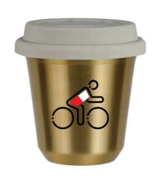 Tasse 150 ml OR "Cycliste aux couleurs polonaises (noir)", avec couvercle blanc Tasse 150 ml OR "Cycliste aux couleurs polonaises (noir)", avec couvercle blanc