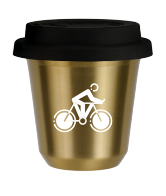 Tasse 150 ml OR "Cyclisme 2 (blanc)", avec couvercle noir Tasse 150 ml OR "Cyclisme 2 (blanc)", avec couvercle noir