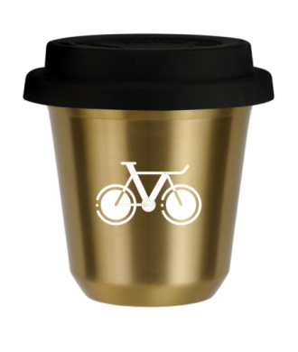 Tasse 150 ml OR "Vélo 1 (blanc)", avec couvercle noir Tasse 150 ml OR "Vélo 1 (blanc)", avec couvercle noir