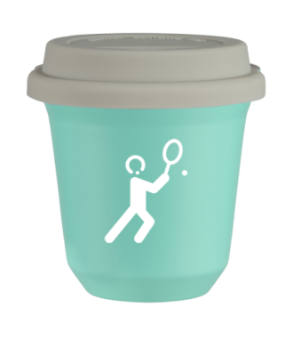 Tasse 150 ml TURQUOISE "Tennis 1 (blanc)", avec couvercle blanc Tasse 150 ml TURQUOISE "Tennis 1 (blanc)", avec couvercle blanc