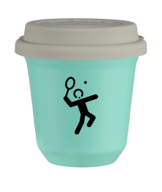 Tasse 150 ml TURQUOISE "Tennis 2", avec couvercle blanc Tasse 150 ml TURQUOISE "Tennis 2", avec couvercle blanc