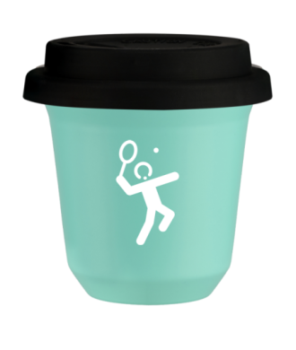 Tasse 150 ml TURQUOISE "Tennis 2 (blanc)", avec couvercle noir Tasse 150 ml TURQUOISE "Tennis 2 (blanc)", avec couvercle noir
