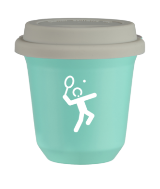 Tasse 150 ml TURQUOISE "Tennis 2 (blanc)", avec couvercle blanc Tasse 150 ml TURQUOISE "Tennis 2 (blanc)", avec couvercle blanc