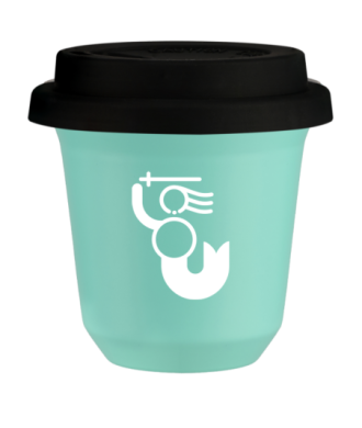Tasse 150 ml TURQUOISE "WARSZAWSKA SYRENKA (blanc)", avec couvercle noir Tasse 150 ml TURQUOISE "WARSZAWSKA SYRENKA (blanc)", avec couvercle noir