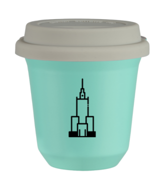 Tasse 150 ml TURQUOISE "Pałac kultury i nauki (noir)", avec couvercle blanc Tasse 150 ml TURQUOISE "Pałac kultury i nauki (noir)", avec couvercle blanc