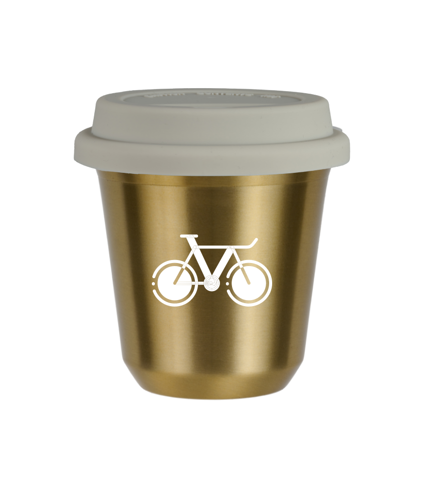 Tasse 80 ml OR "Vélo 1 (blanc)", avec couvercle blanc