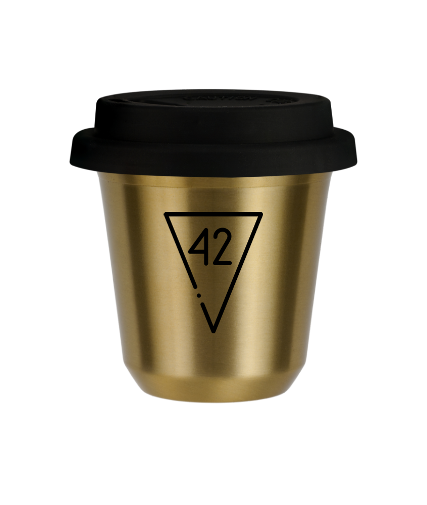 Tasse 80 ml OR "42", avec couvercle noir