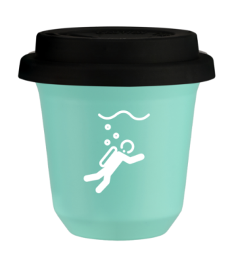 Tasse 150 ml TURQUOISE "Plongée (blanc)", avec couvercle noir Tasse 150 ml TURQUOISE "Plongée (blanc)", avec couvercle noir