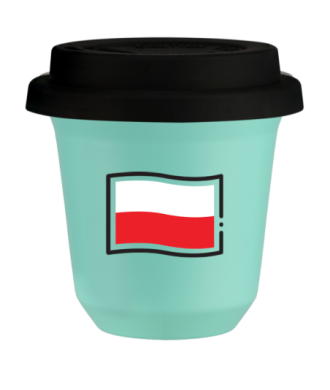 Tasse 150 ml TURQUOISE "Drapeau polonais (noir)", avec couvercle noir Tasse 150 ml TURQUOISE "Drapeau polonais (noir)", avec couvercle noir